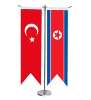 Masa Üstü Kırlangıç Kuzey Kore + Türk Bayrağı + Krom T Direk Masa Bayrak Seti