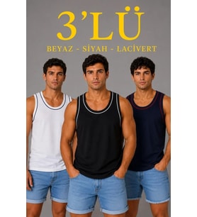 Erkek 3 lü Kolsuz Sporcu Atlet Seti Yazlık Bisiklet Yakalı - Siyah, Lacivert, Beyaz