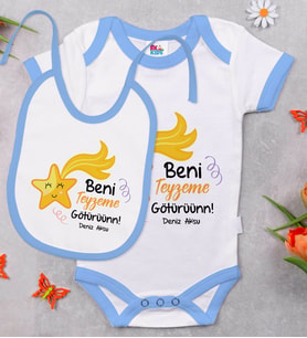 BK Kids Kişiye Özel Beni Teyzeme Götürün Tasarımlı Mavi Bebek Body Zıbın ve Mama Önlüğü Hediye Seti