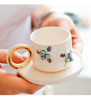 Özce Ceramic Nazar Boncuğu Desenli 24k Altın Detaylı Handmade 100ml Türk Kahvesi Fincan ve Tabak (Doğal Beyaz)