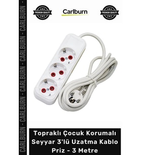 Özel Üretim Beyaz Topraklı Seyyar Grup Priz Çocuk Korumalı Güvenli 3'lü Uzatma Kablo Priz 3 Metre