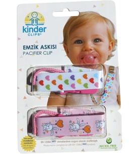Pembe Tavşan ve Renkli Kalp Desenli Plastik Klips Emzik Askısı