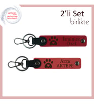 Köpeğinizin İsmini Yazdırabileceğiniz Deri Anahtarlık, Kalpli Pati Motifli 2'li Set, Kırmızı-Nar