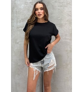 Lesa Wear Yumuşacık Soft Touch Geniş Yaka Keten Görünümlü Oversize T-shirt (Siyah)