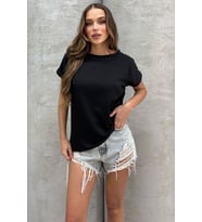 Lesa Wear Yumuşacık Soft Touch Geniş Yaka Keten Görünümlü Oversize T-shirt (Siyah)