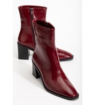 Bordo Kadın Kalın Topuklu Bot Rugan Küt Burun Yüzüdüz