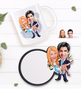BK Gift Kişiye Özel Evleniyoruz Karikatürlü Beyaz Kupa ve Ahşap Bardak Altlığı Hediye Seti-4