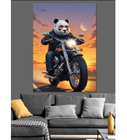 Motosiklet Süren Panda Resmi Dekoratif Kanvas - Mdf Ahşap Tablo