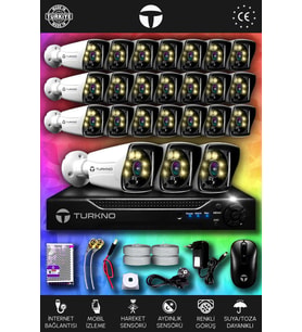 TURKNO 24 Kameralı Karie 24 Dış Kamera Set HDD'siz Full HD Renkli Gece Görüşlü Güvenlik Kamerası Sistemi