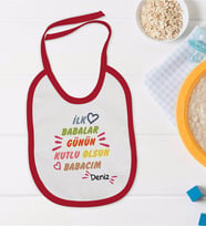 BK Kids Kişiye Özel İlk Babalar Günü Tasarımlı Kırmızı Bebek Mama Önlüğü-1