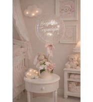 Hoş geldin bebek balon  Hediye Kutusu – Peluş Tavşan &Balonlu (Pudra-Ekru)