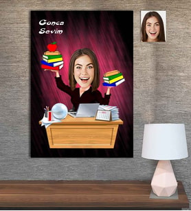 Kişiye Özel Karikatür Baskılı Ahşap Tablo Öğretmen Kadın-11 30x40