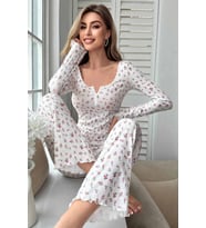Merry See Çiçek Desenli Uzun Kollu Pijama Takımı (Beyaz)