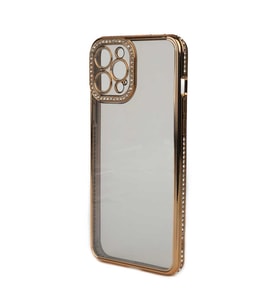 iPhone 12 Pro Max Kılıf Şeffaf Arka Yüzey Kamera ve Kenarları Taşlı Silikon (Gold)