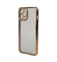 iPhone 12 Pro Max Kılıf Şeffaf Arka Yüzey Kamera ve Kenarları Taşlı Silikon (Gold)