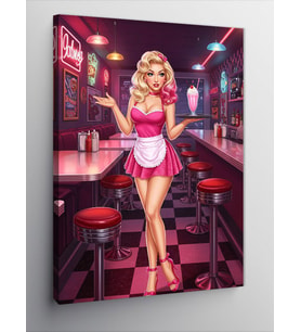Kanvas Tablo Retro Kafede Pembe Elbiseli Kadın