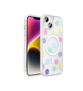 Apple iPhone 14 Uyumlu Kılıf M-Safe Şarj Özellikli Şeffaf Zore Folk Sert Kapak (Papatya)