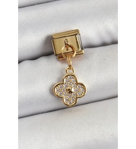 316L Çelik Sallantılı Zirkon Taşlı Yonca Model Gold Renk Nomination Charm - TJ-BC1405