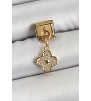 316L Çelik Sallantılı Zirkon Taşlı Yonca Model Gold Renk Nomination Charm - TJ-BC1405
