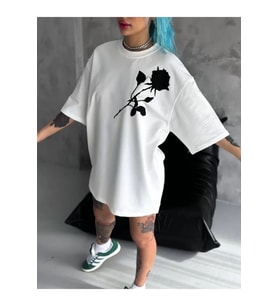 Unisex Bisiklet Yaka Baskılı Oversize T-Shirt - Beyaz