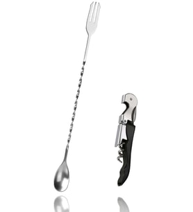 Burgulu Çatallı Bar Kaşığı 33 cm Kokteyl Karıştırma Kaşığı & Çok Fonksiyonlu Açacak Tirbuşon