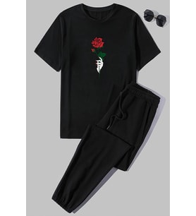 Unisex Rose Baskılı 2'li Eşofman Takımı (Siyah)