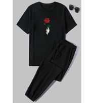 Unisex Rose Baskılı 2'li Eşofman Takımı (Siyah)