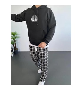 Erkek Sırt Baskılı Kapüşonlu Üç İplik Oversize Sweatshirt - Siyah