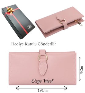 Kişiye Özel İsimli Kadın Deri Cüzdan - Hediye Kutulu Somon Pembe - Telefon Bölmeli