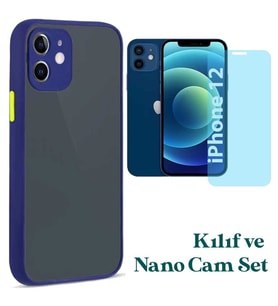 Apple iPhone 12 Uyumlu Montreal Kılıf Ve Nano Cam Ekran Koruyucu Set (Lacivert)