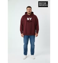 Erkek Büyük Beden İnce Kapşonlu NY Newyork Baskılı ince Swatshırt SPR26BSW957-15 (Burgundy)