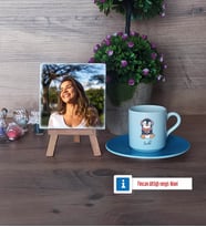Tatlı Penguen Fotoğraflı Dekoratif Taş, Ahşap Altlıklı Türk Kahvesi Fincanı Hediye (Model 5)