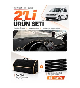 e-biz VOLKSWAGEN CADDY (2010-2015) Uyumlu Torpido Örtüsü + Tay Tüyü Çanta - Siyah-Bej - VW002