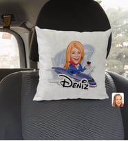 BK Gift Kişiye Özel İsimli Hostes Karikatürlü Kare Araç Koltuk Yastığı-1