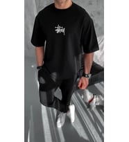Unisex Bisiklet Yaka Baskılı Oversize T-Shirt - Siyah