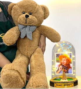 Kişiye Özel Premium Hediye Seti  Led Işıklı Fanus ve 80cm Büyük Boy Kahve Peluş Ayıcık (Model 8)
