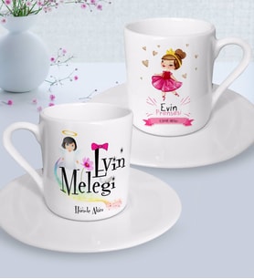BK Gift Kişiye Özel Anneler Günü Temalı Evin Meleği ve Evin Prensesi Tasarımlı İkili Türk Kahvesi Fincanı Seti-1 (Beyaz)