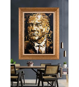 Altın Varaklı Çerçeveli Paspartulu Atatürk Tablo DC1486 (Gold)