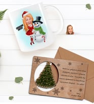 BK Gift Kişiye Özel Mutlu Yıllar Karikatürlü Kupa Bardak ve Retro Ahşap Yılbaşı Tebrik Kartı Hediye Seti-1 (Sarı)
