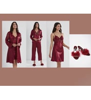 Saten Altılı Çeyiz Seti Terlik Hediyeli (Bordo)