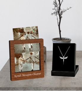 Kişiye Özel 4 Polaroid Fotoğraf Albümü Fotoğraflı Ahşap Masaüstü Çerçeve Ve Melek Kolye