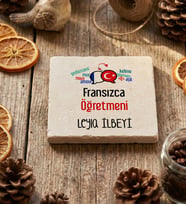 Kişiye Özel Fransızca Öğretmeni Bardak Altlığı Öğretmenler Günü Hediyesi (Krem)