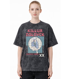 Tasarım Hunter X Hunter Killua Zoldyck Anime Baskılı Unisex Oversize Eskitme Yıkamalı Tişört