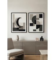 Minimalist Geometrik Formlar ve Ay Motifli 2’li Ahşap Çerçeveli Tablo Seti