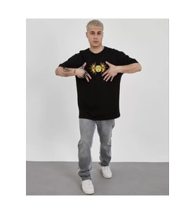 Unisex Bisiklet Yaka Baskılı Oversize T-Shirt - Siyah