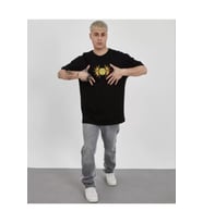 Unisex Bisiklet Yaka Baskılı Oversize T-Shirt - Siyah