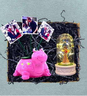 Kişiye Özel 3 Fotoğraflı Pembe Kaplumbağa & Led Işıklı Şans Melekli Fanus