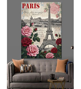 Paris Eyfel Kulesi Güller Dekoratif Kanvas - Mdf Ahşap Tablo