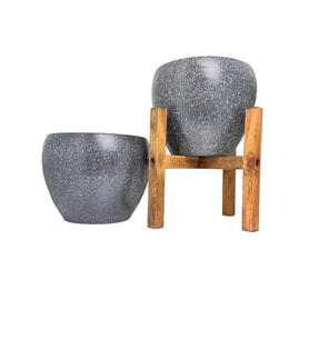 Bitki Tasarımı Gri Granit Toprak Saksı Saksılık Salon Çiçeklik İkili Set Ayaksız - 4 Ayaklı- 15 CM