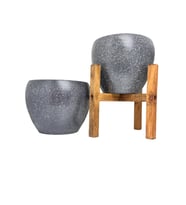 Bitki Tasarımı Gri Granit Toprak Saksı Saksılık Salon Çiçeklik İkili Set Ayaksız - 4 Ayaklı- 15 CM
